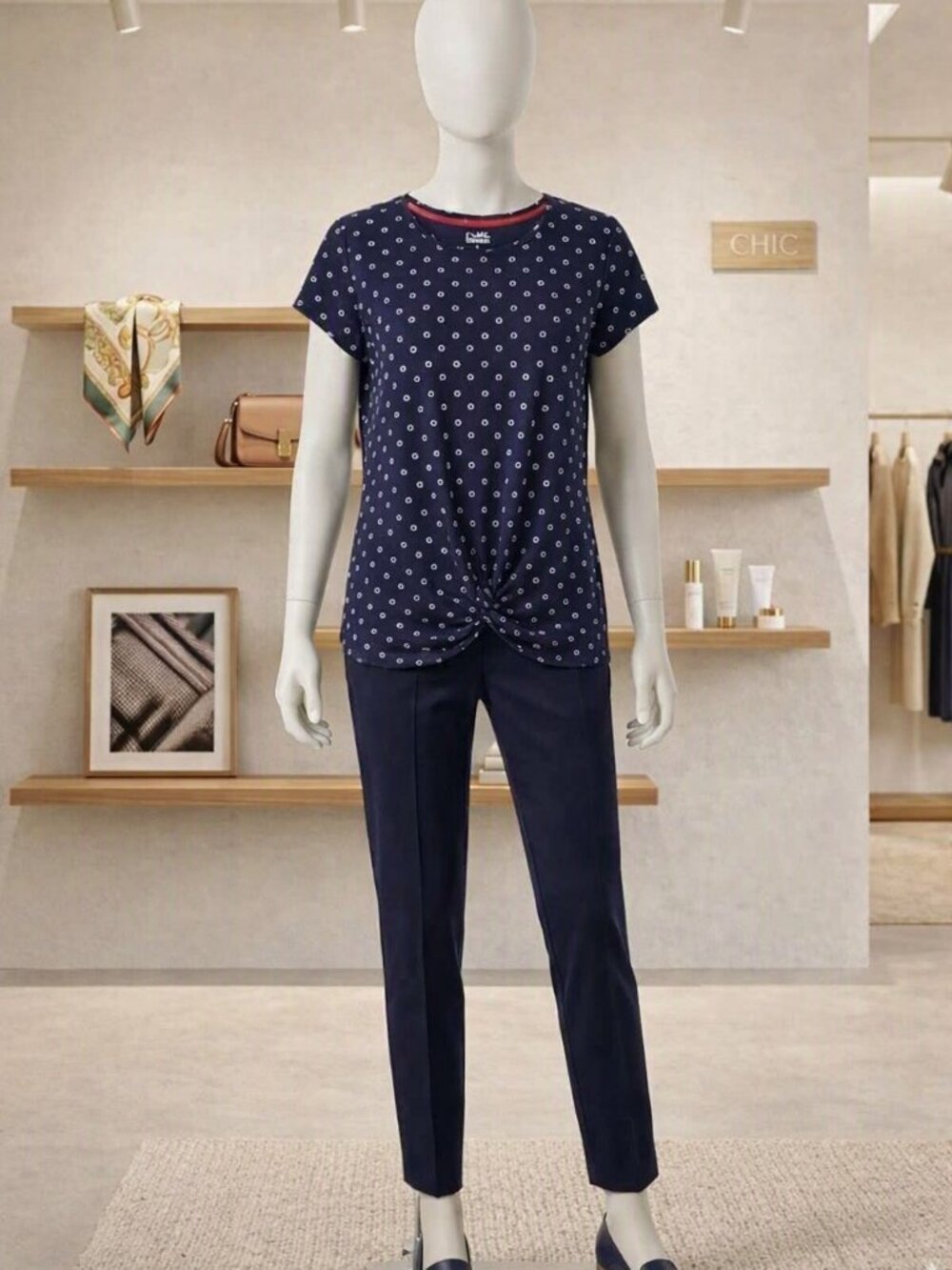 croft & barrow Navy Tank Top with White Dot Print and Red Trim